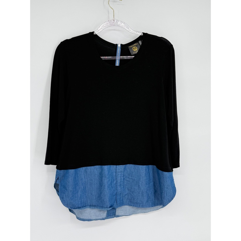 Vecceli Italy Womens Black Mixed Media Denim Hem 3/4 Sleeve Zipper Top Sz M